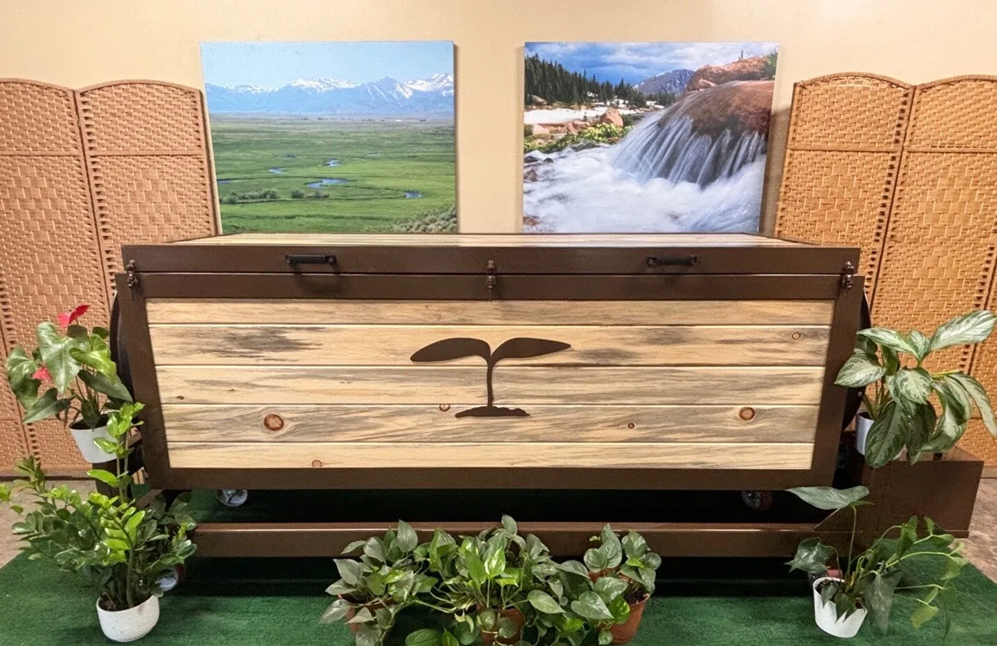 A Chrysalis terramation vessel of blond pine, flanked by living plants and Colorado landscape paintings